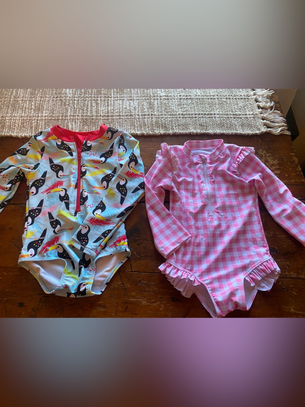 Kids Long Sleeve One-Piece Rash Guard Swimsuit - Pink Gingham